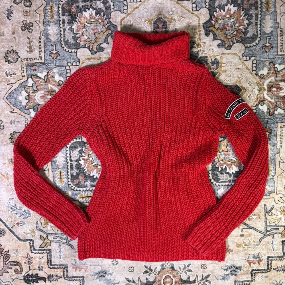 Vintage Calvin Klein Jeans Red Chunky Ribbed Knit Turtleneck Sweater Small 90s